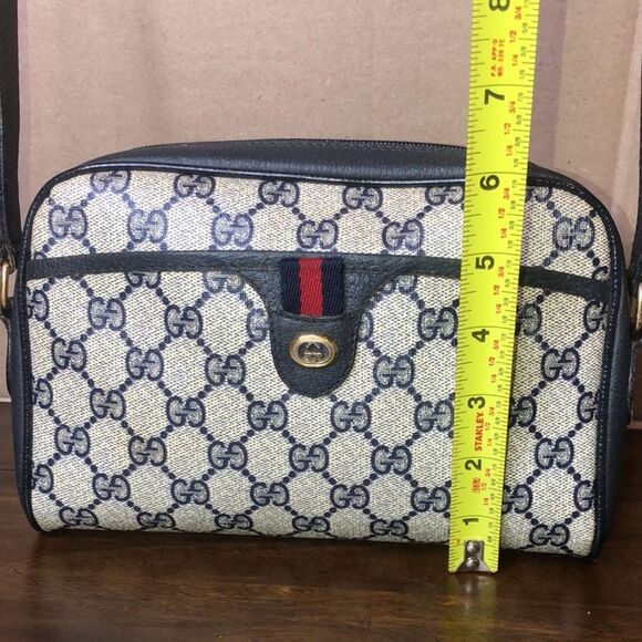 GUCCI GG Ophidia Sherry Line Navy Leather Grey Canvas Crossbody Bag Vintage - Picture 10 of 17